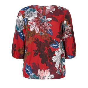 JUNAROSE Womens Red Zippered Floral Blouson Sleeve V Neck Blouse 16